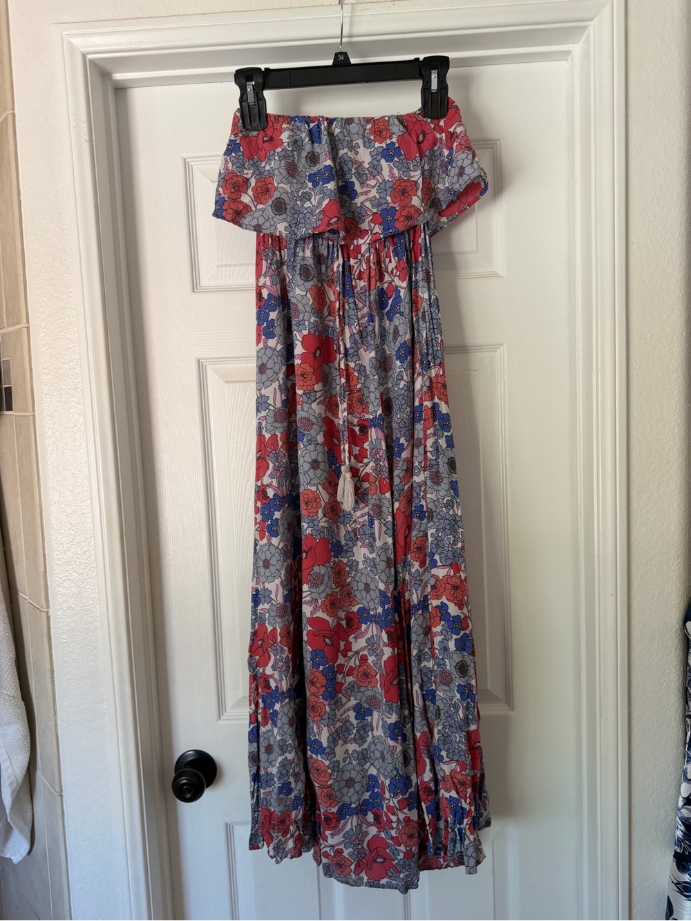 Joules Floral Strapless Maxi Dress in Coral, Blue & Gray
